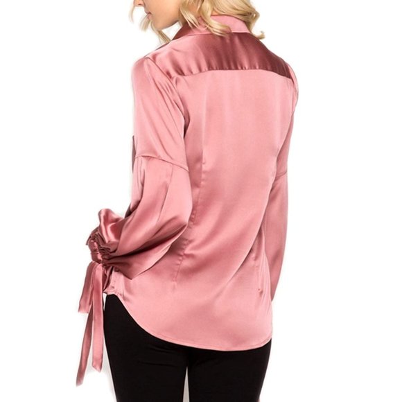 She + Sky Pink Silky Button-down Blouse MED - Picture 9 of 12